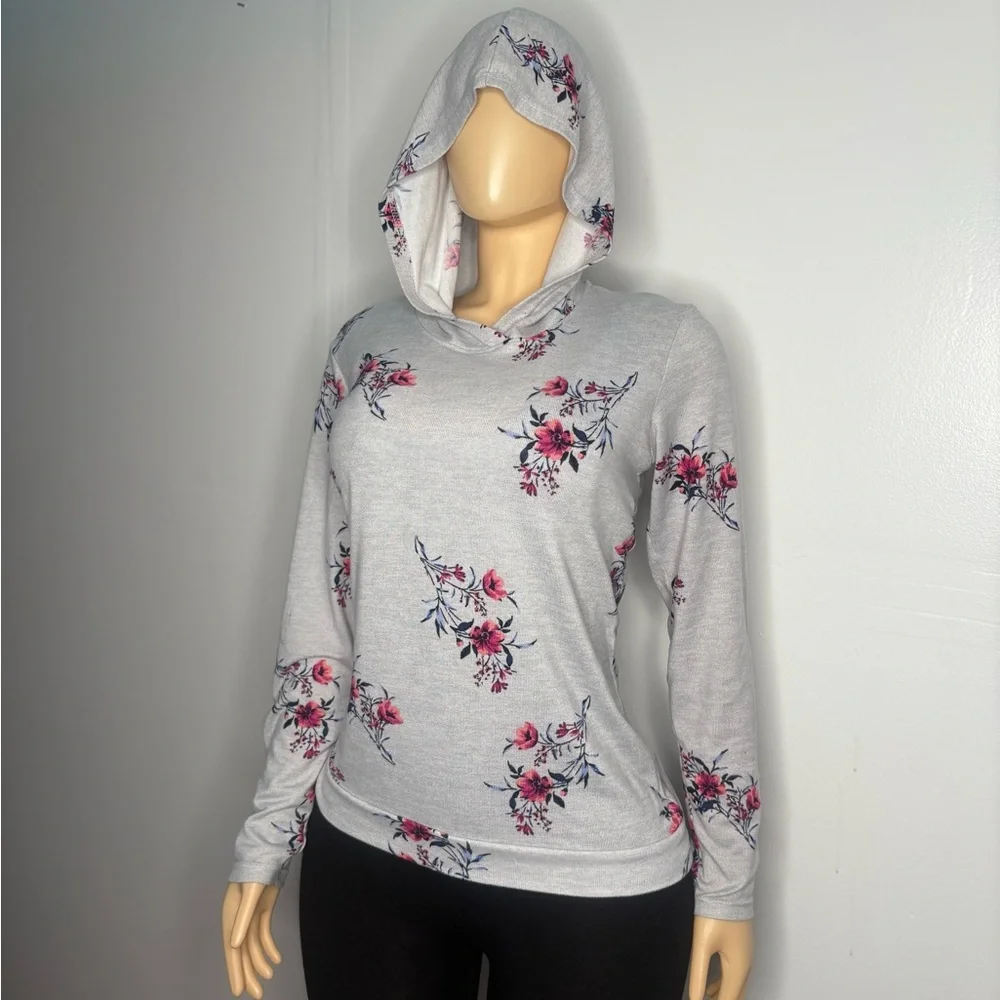 Floral Hooded Women's Top - Gray and Pink
